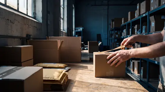 Hands taping a plain carton on a packing bench in a dim fulfilment space, stock shelving receding behind under a single shaft of daylight
