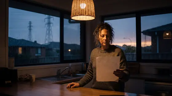 A woman at a kitchen bench at dusk lit by a single pendant lamp, cool window light behind her showing transmission towers in the distance
