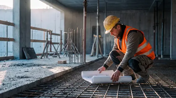 An engineer in hi-vis crouched over reinforcement bars on a concrete slab at dawn, checking a drawing set.