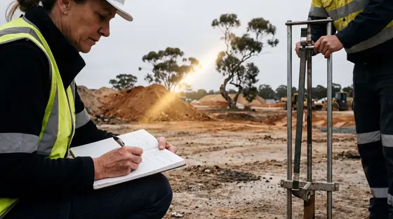 Environmental scientists logging soil samples beside a bore on a cleared development site in western Sydney