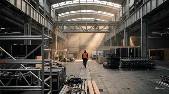 A single crew member walking through an exhibition hall at night while stands are still being built under high roof lighting.