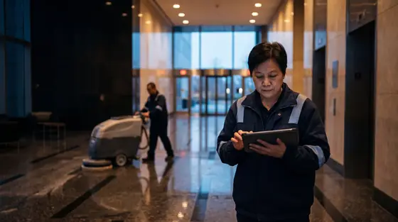 A cleaning supervisor checking a tablet before dawn in a commercial office tower lobby while a colleague operates a floor machine