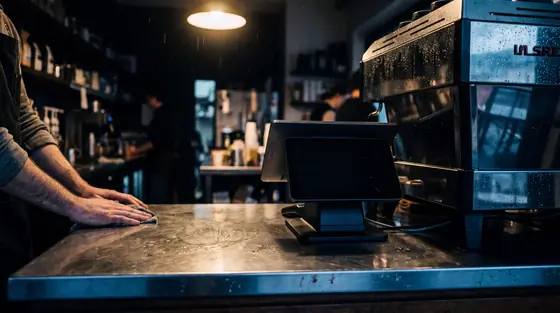 A card terminal on a wet stainless steel cafe bench beside an espresso machine, lit hard from above at close of trade.