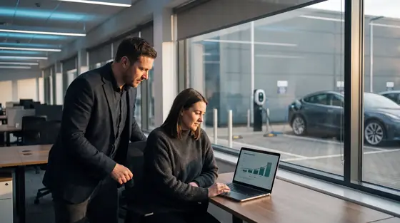 A leasing consultant and an HR manager reviewing a lease comparison on a laptop in a corporate office with a car park charging bay behind them