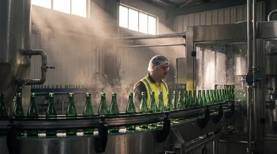 A line operator watching glass bottles move through a stainless steel filling line inside a beverage production facility.