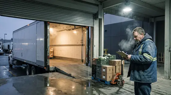 A driver checking a run sheet at a refrigerated loading dock before dawn, crates of produce stacked beside a truck backed into the bay
