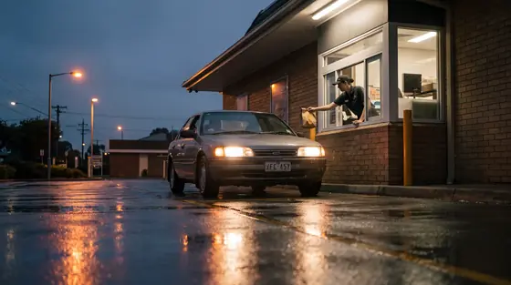 A crew member handing a paper bag to a driver from a drive-thru window at dusk on wet asphalt.