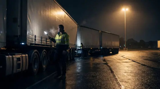 A driver walking a B-double with a torch in a wet linehaul depot before dawn.