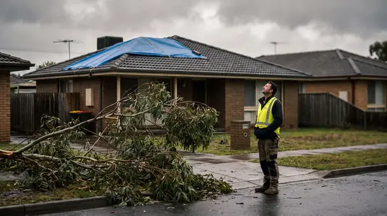 An assessor in a high visibility vest looking up at a tarpaulin covered roof after a storm, with a fallen branch across the driveway.