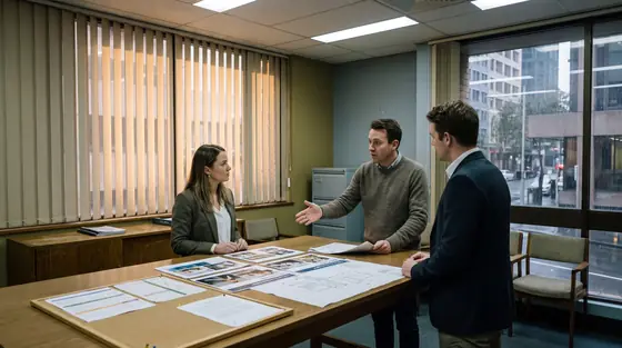 Government communications team standing around printed campaign layouts and a pinned media schedule in an office.