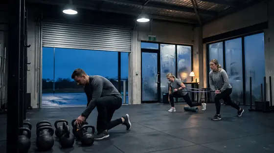 Coach setting up equipment on a gym floor before dawn while two members warm up.