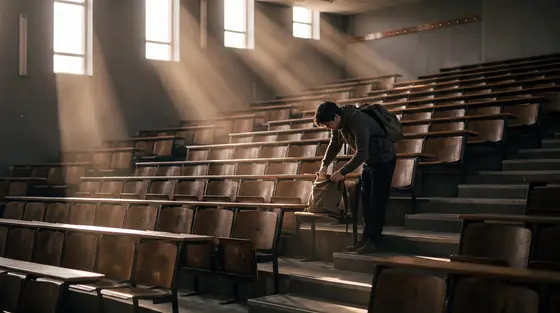 A near-empty tiered lecture theatre in late afternoon with hard shafts of sunlight across the seating and one student packing a bag