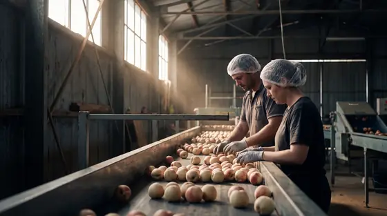 Two workers hand-sorting stone fruit on a grading line inside a packing shed before dawn, lit by shafts of light from high windows.