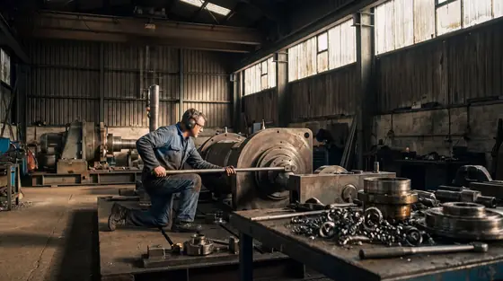 A fitter torquing a flange on a partly assembled industrial machine in a heavy engineering workshop under a gantry crane.