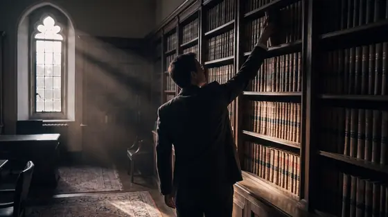 A lawyer reaching for a bound volume in a chambers library, lit by a hard shaft of window light through dust.