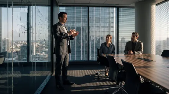 A consultant standing at a glass wall explaining something to two seated colleagues in a boardroom cut by hard afternoon light.