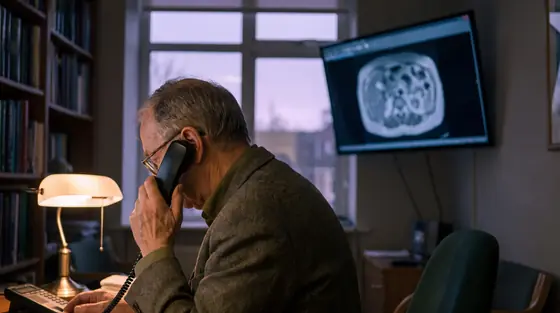 A specialist dictating a letter in a consulting room at dusk, lit by a desk lamp with cool daylight fading at the window behind.