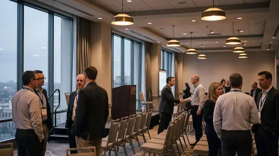 Delegates in lanyards talking in small groups in a hotel conference room after a session.