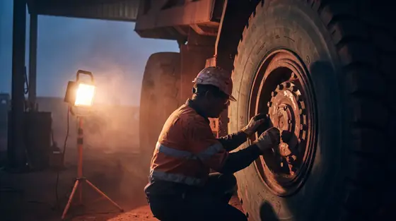A fitter working on the wheel motor of a haul truck in an open sided mine maintenance workshop before dawn, lit by a single work lamp through red dust