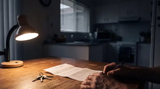 A kitchen table at night with paperwork, house keys and a person's hands, lit hard by a single lamp.