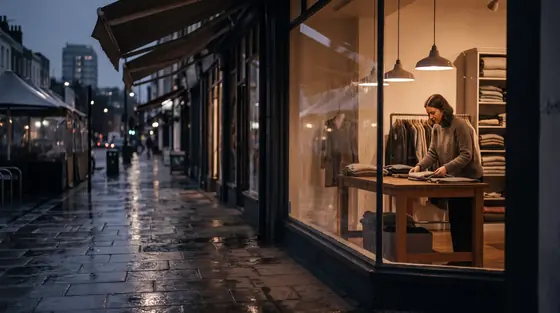 A staff member folding stock inside a lit specialty store after closing, seen through the window from a wet footpath