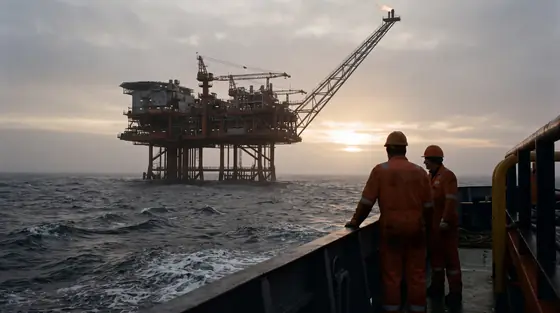 Two crew in orange coveralls at the rail of a supply vessel at dawn, facing an offshore gas platform across grey swell.