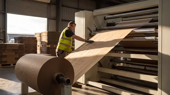 An operator checking web tension as a roll of film unwinds into a laminator on a packaging converting line, lit by low sun through a roller door.
