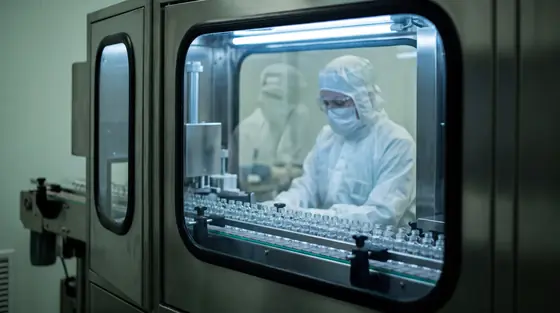 A gowned operator watching glass vials move along a filling line through isolator glass.