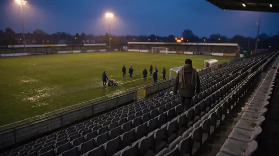Lone supporter walking up an empty grandstand aisle as floodlights warm before a night match.
