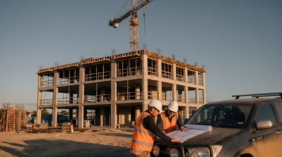 Two people in hard hats reviewing plans on a ute bonnet at a residential development site at golden hour.