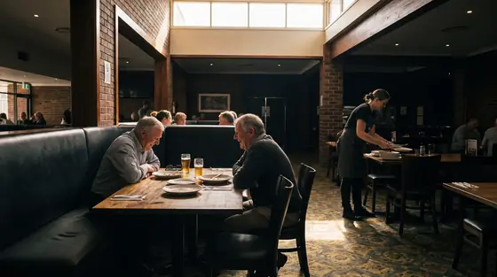 Two older club members talking over lunch at a timber table in a bistro, lit by a shaft of light from a high window.