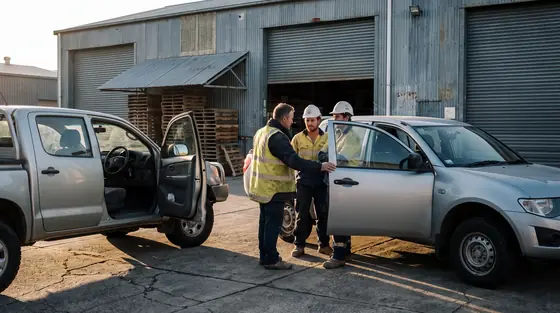 Labour hire consultant briefing two workers in high visibility vests outside a warehouse at shift change.