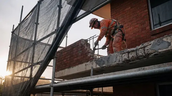 A tradesman on scaffolding chipping back spalled concrete at the balcony edge of an older brick apartment block in early morning light.