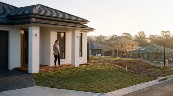 A sales consultant standing at the open door of a display home in a new land estate at sunrise, with timber framed houses under construction behind