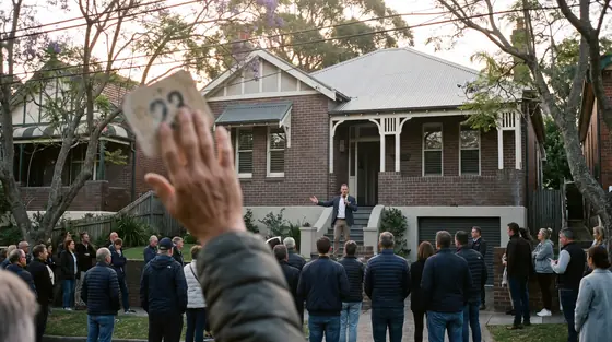 Auctioneer calling bids on the front lawn of a brick home as a crowd of bidders watches from the footpath.
