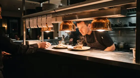 A head chef checking two plated dishes under the heat lamps at a restaurant pass during evening service.