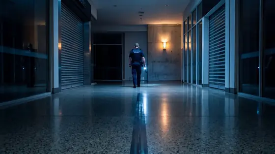 Security officer walking a pre dawn patrol through an empty shopping centre concourse.