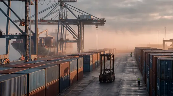 Quay cranes and stacked containers at a port terminal in low morning light.