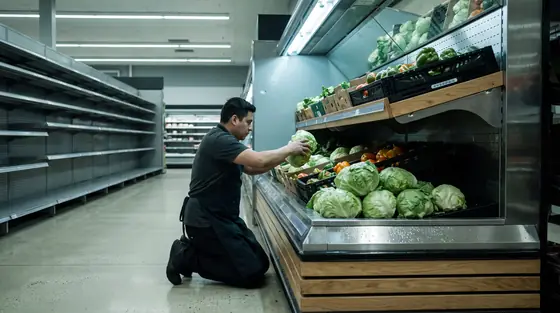 A worker in an apron stacking crates onto a produce display in an empty supermarket before opening