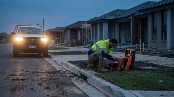 Network technician terminating fibre at an open street pit in a new housing estate at dusk.
