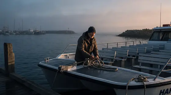 A deckhand coiling a mooring line on the bow of a tour catamaran at dawn in a coastal harbour.