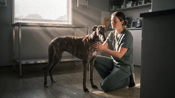 A veterinary nurse kneeling beside a greyhound in a consult room, morning light across the stainless bench