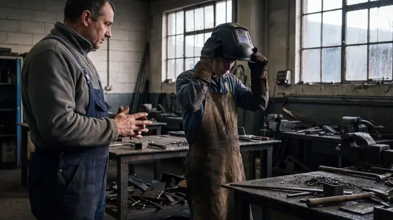 A trainer standing beside an apprentice in welding gear at a steel bench in a training workshop.