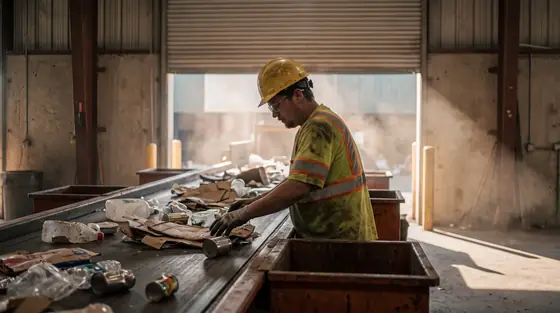 Operator working beside a conveyor of mixed recyclables inside a materials recovery facility.