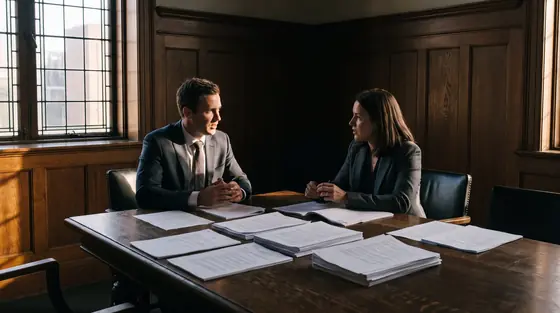 Two people talking across a timber table in an old office meeting room, lit by hard low sun from a tall window.