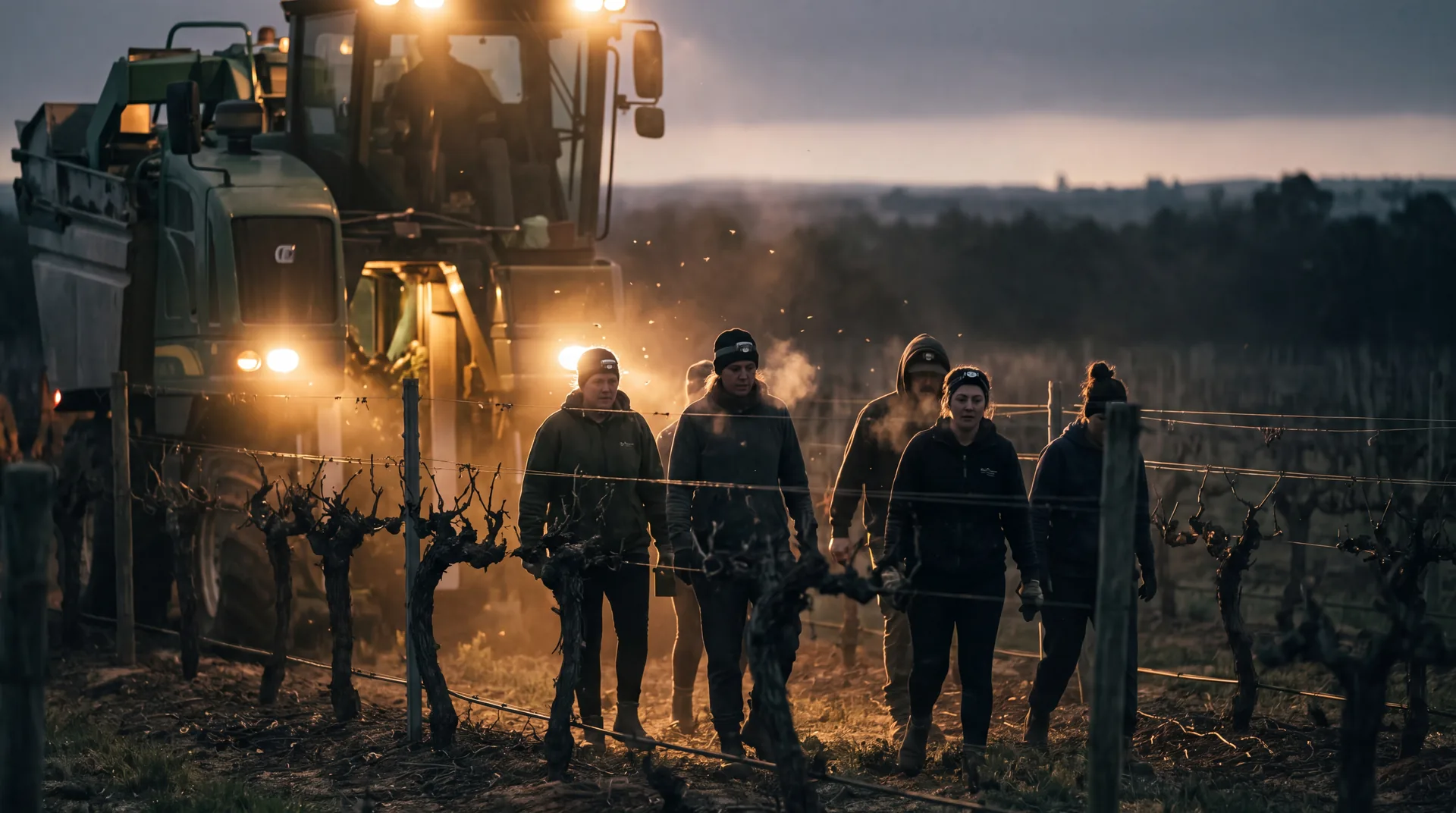 Pickers working between old vines during a night harvest, lit by the work lights of a grape harvester.