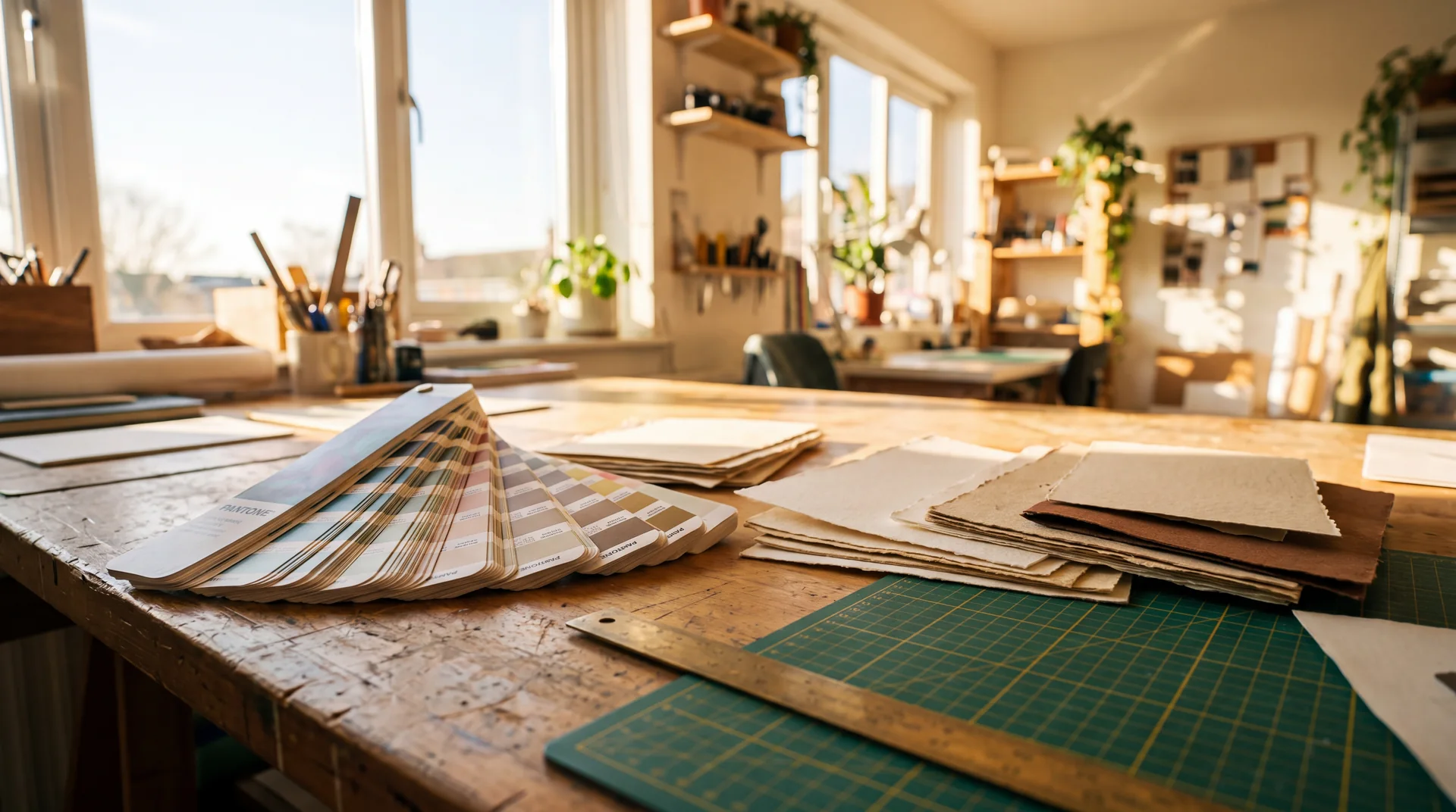 Brand sheets and type specimens laid out across a table