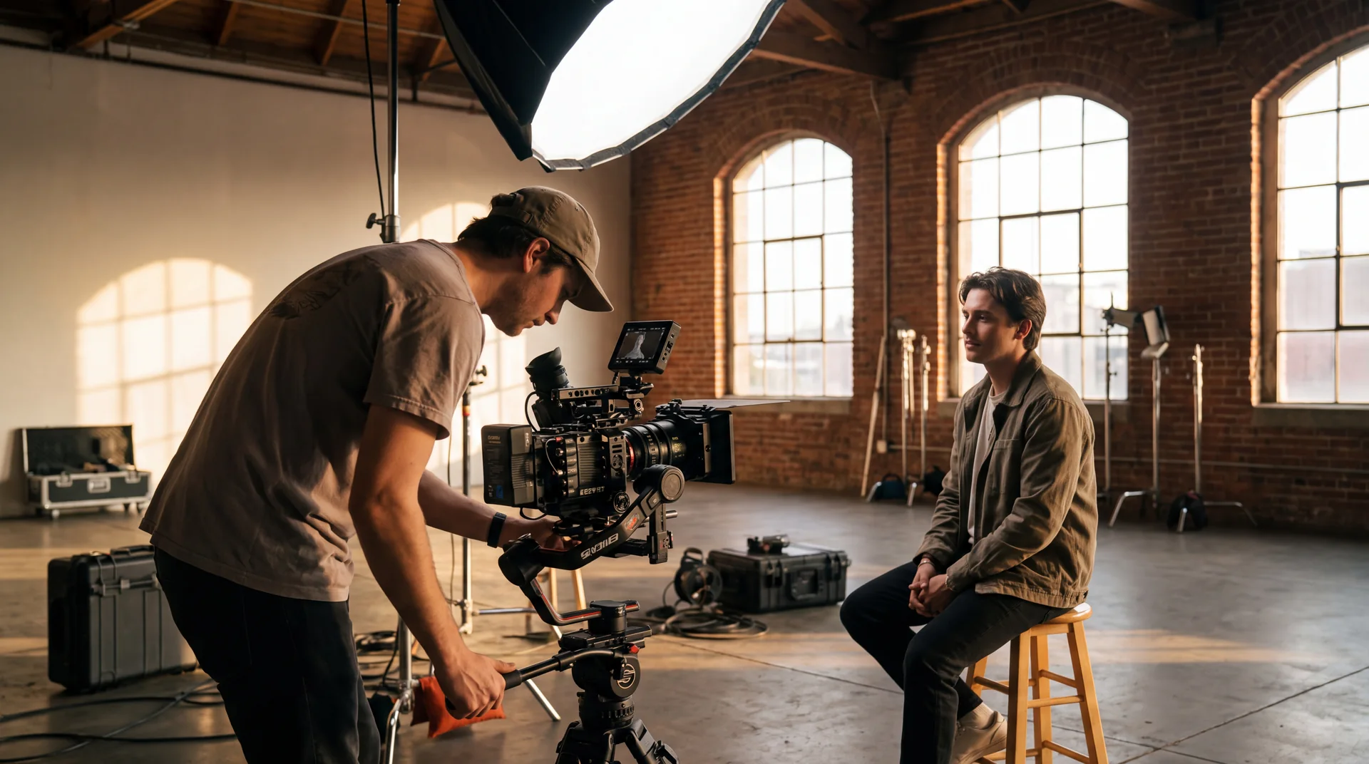 A film crew setting up a shot in a working space