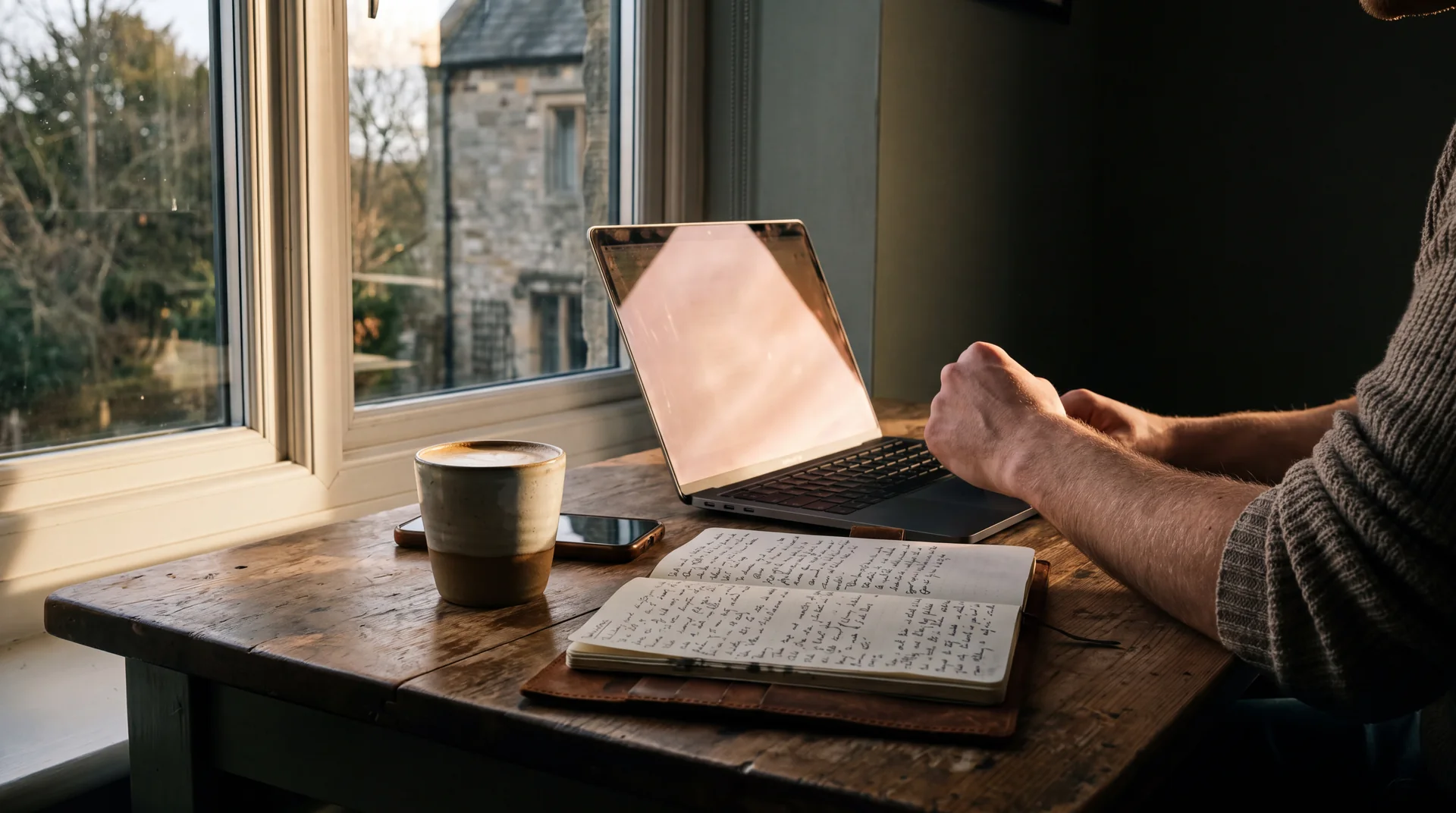 A notebook of handwritten lines open beside a laptop on a dark desk at night