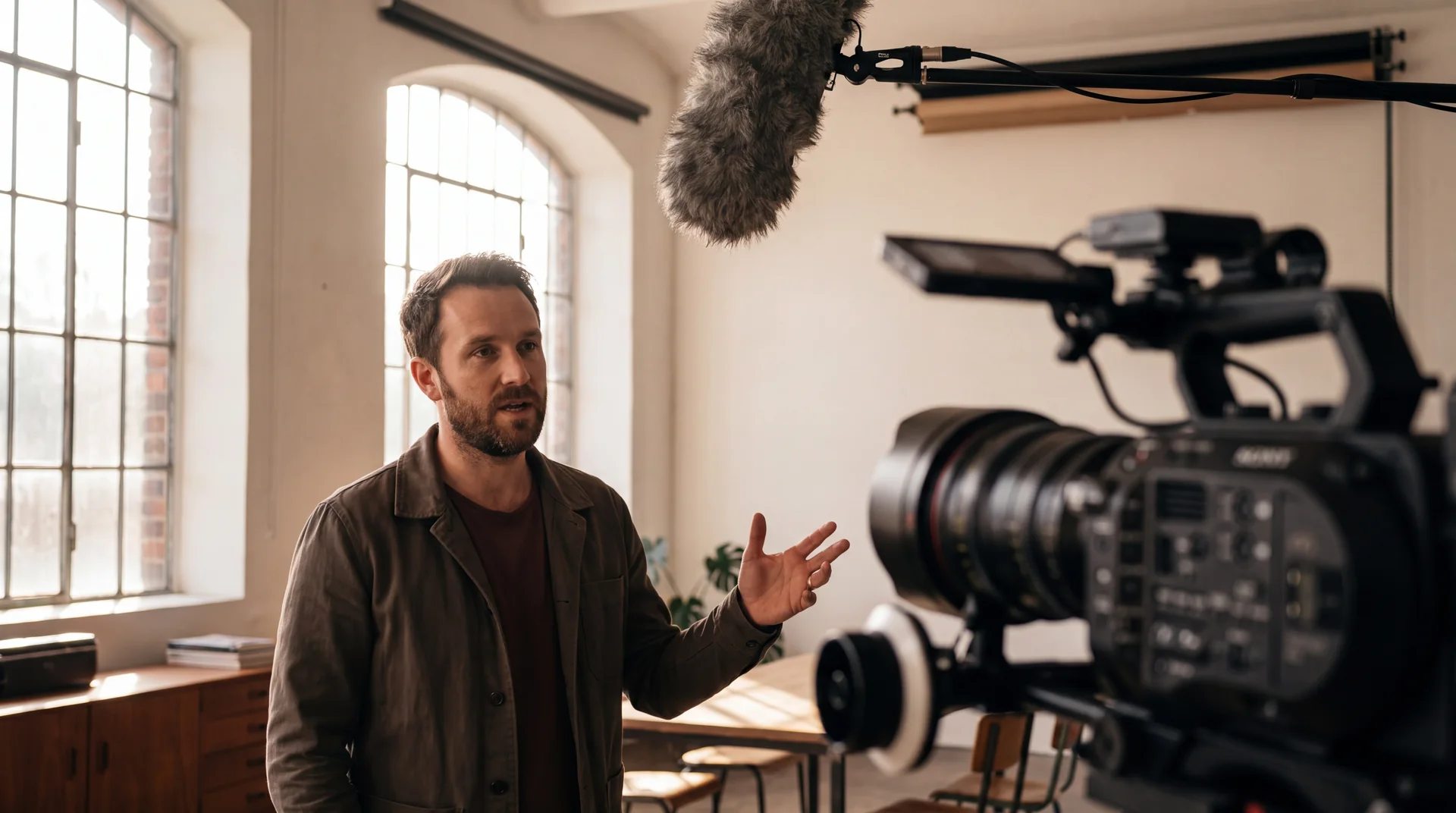 Two people recording an interview across a microphone